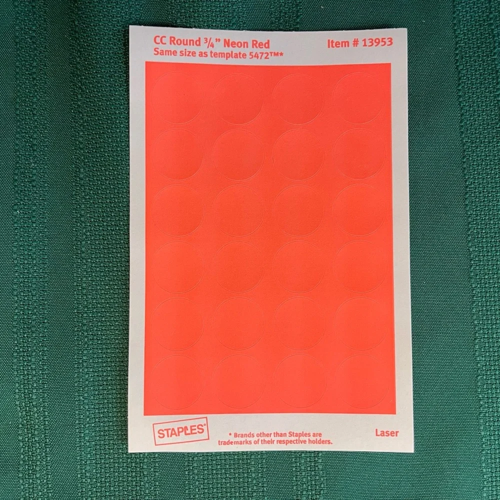Staples Color Coding Labels (792). Laser Print or Write. Removable. Neon Red.